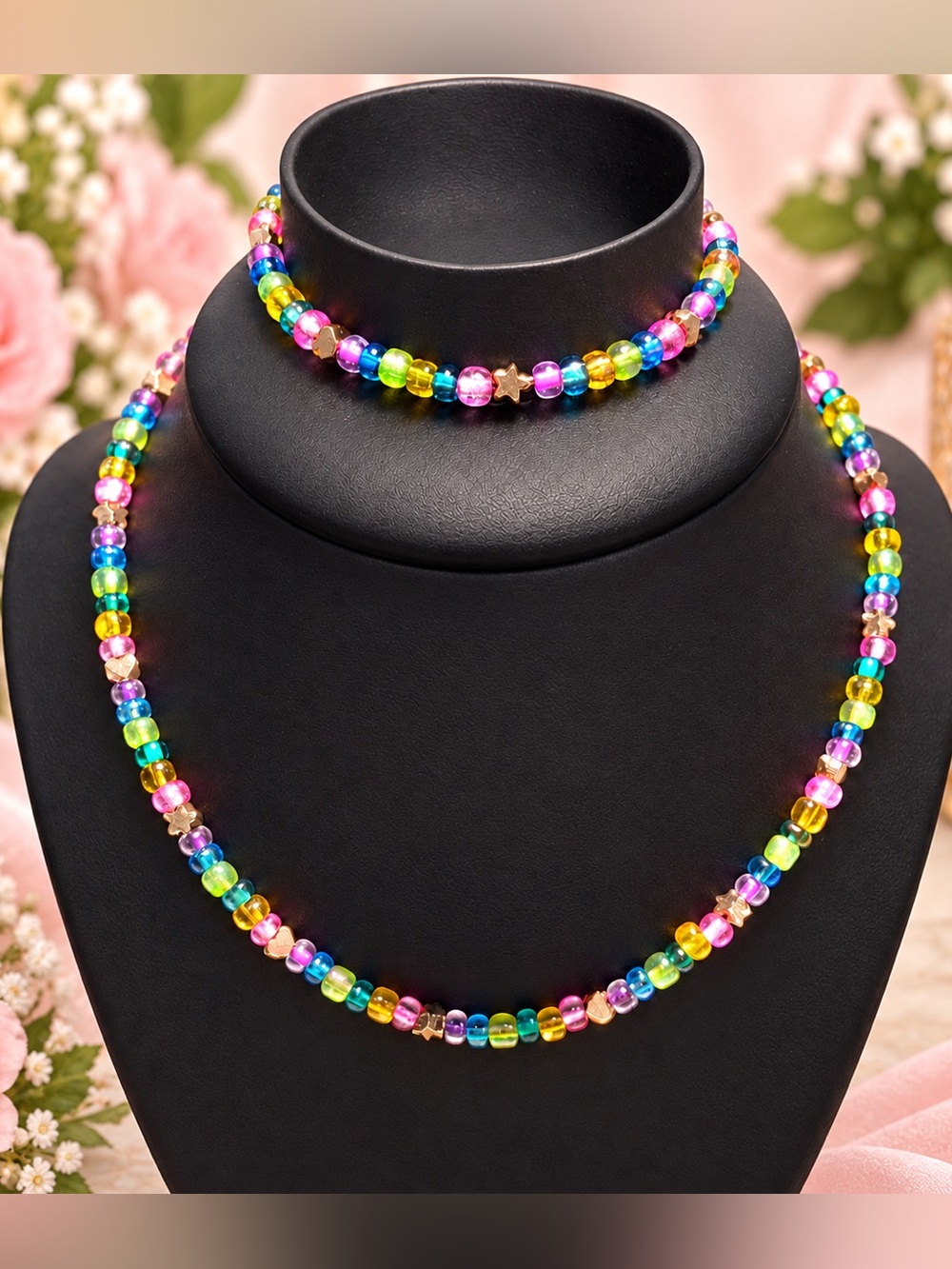 Children’s Rainbow Glass Bead Necklace Gold Accents Colorful Artisan Jewelry